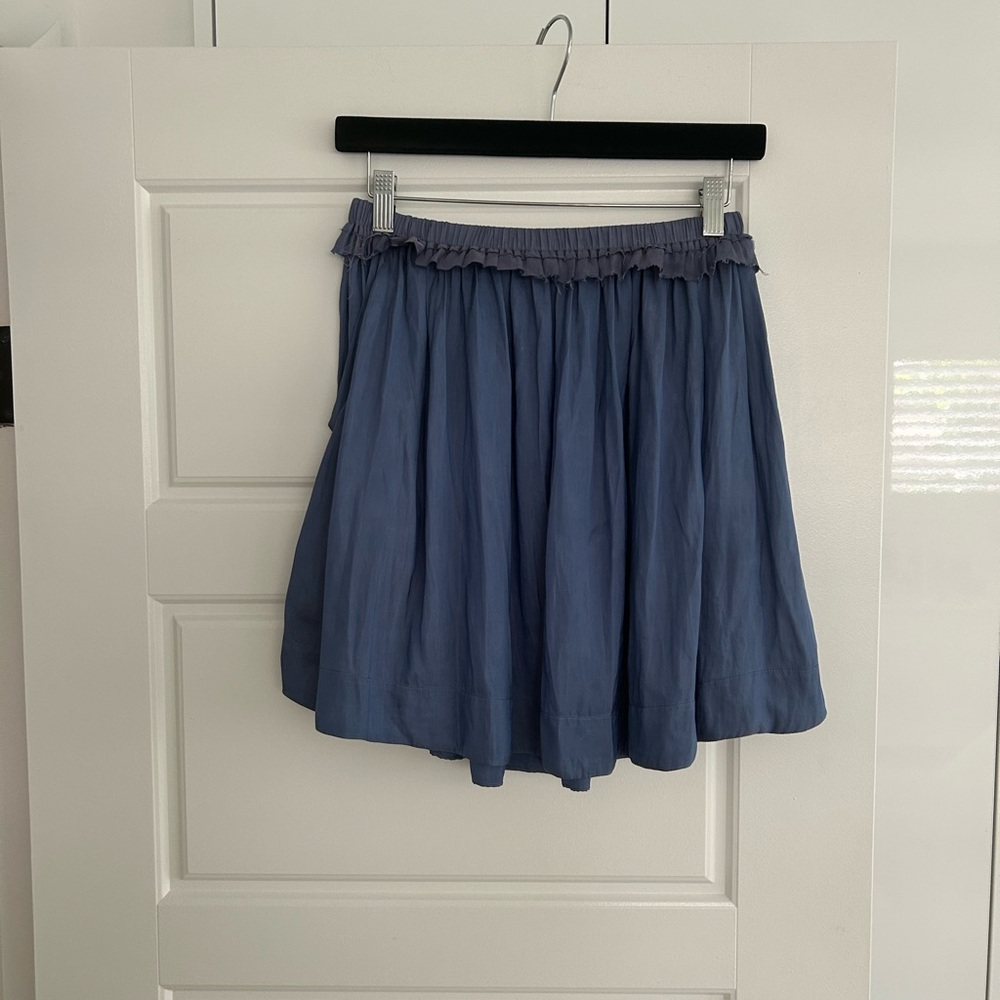 Raquel Allegra Blue Skater Mini Skirt with Smocked Ruffles